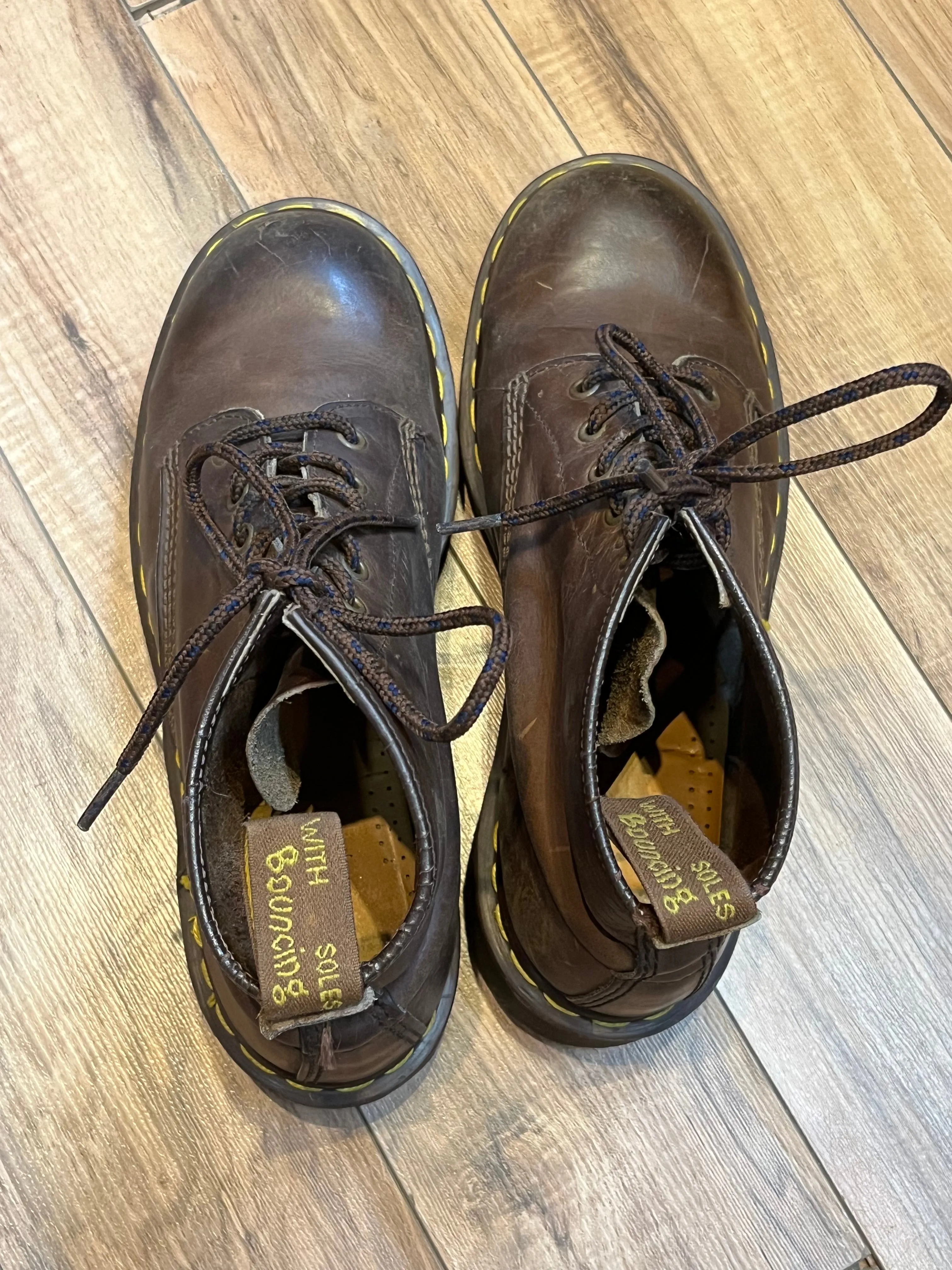 Vintage Doc Martens Brown 6 Eyelet Leather Boots, Made in England, Size UK 7, US Men’s 8, Women’s 9