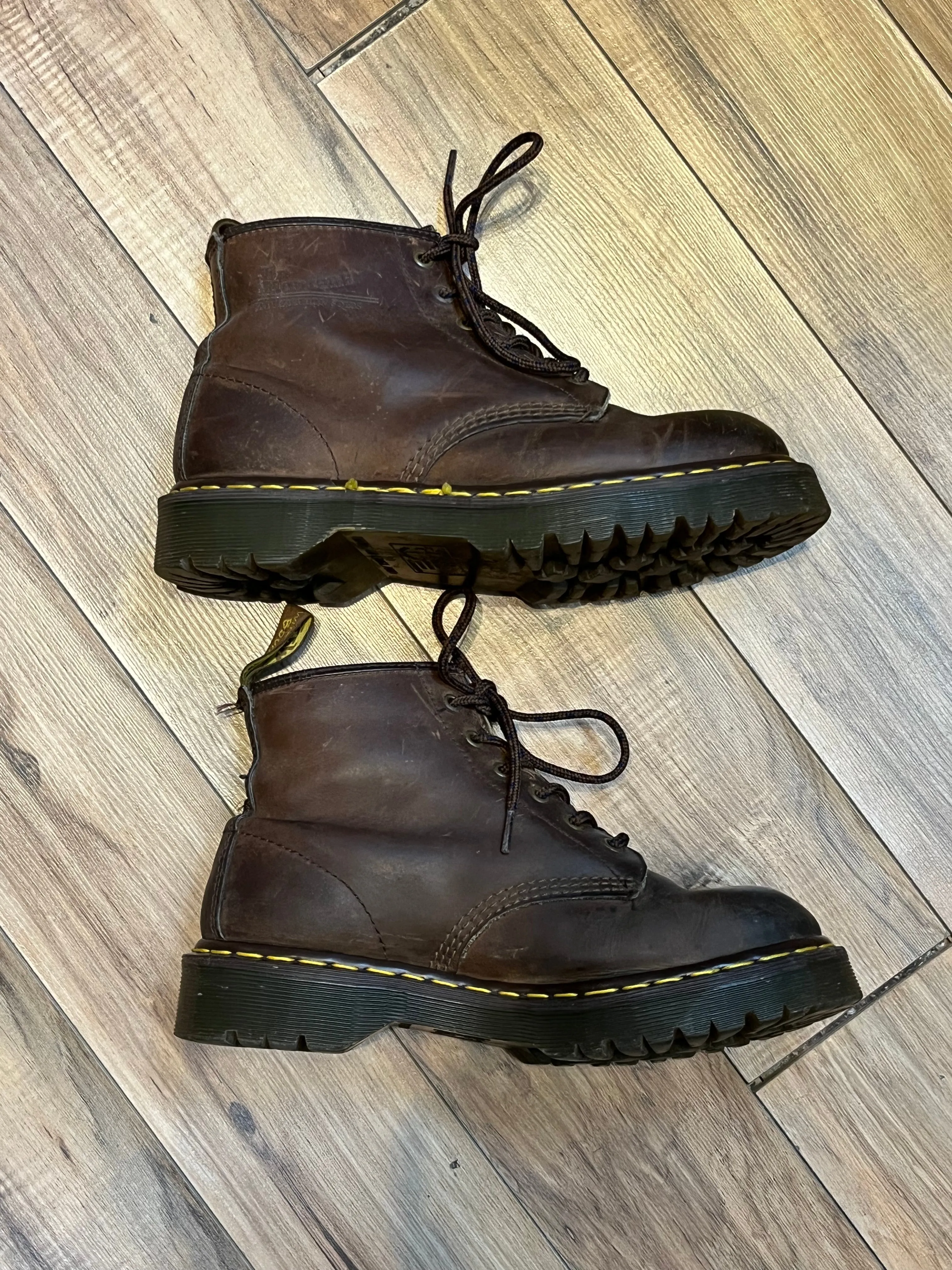 Vintage Doc Martens Brown 6 Eyelet Leather Boots, Made in England, Size UK 7, US Men’s 8, Women’s 9