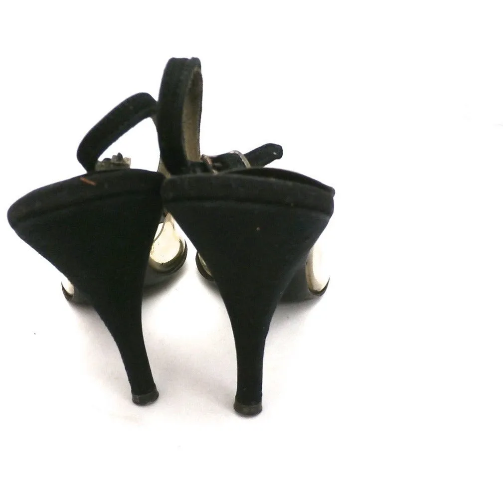 Vintage Shoes Heels Jacqueline Black Suede/Clear Vinyl Peep-Toe 1950S