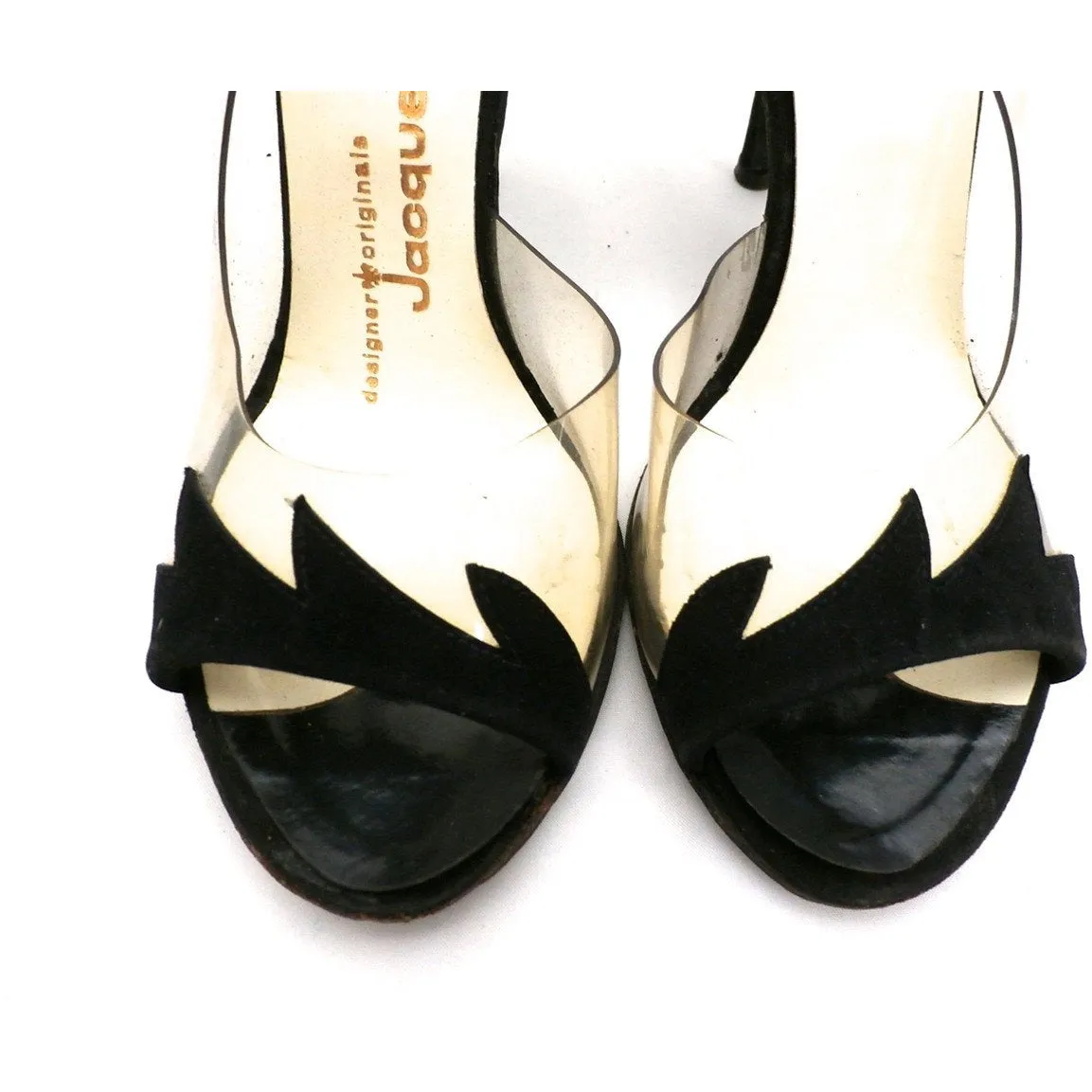 Vintage Shoes Heels Jacqueline Black Suede/Clear Vinyl Peep-Toe 1950S