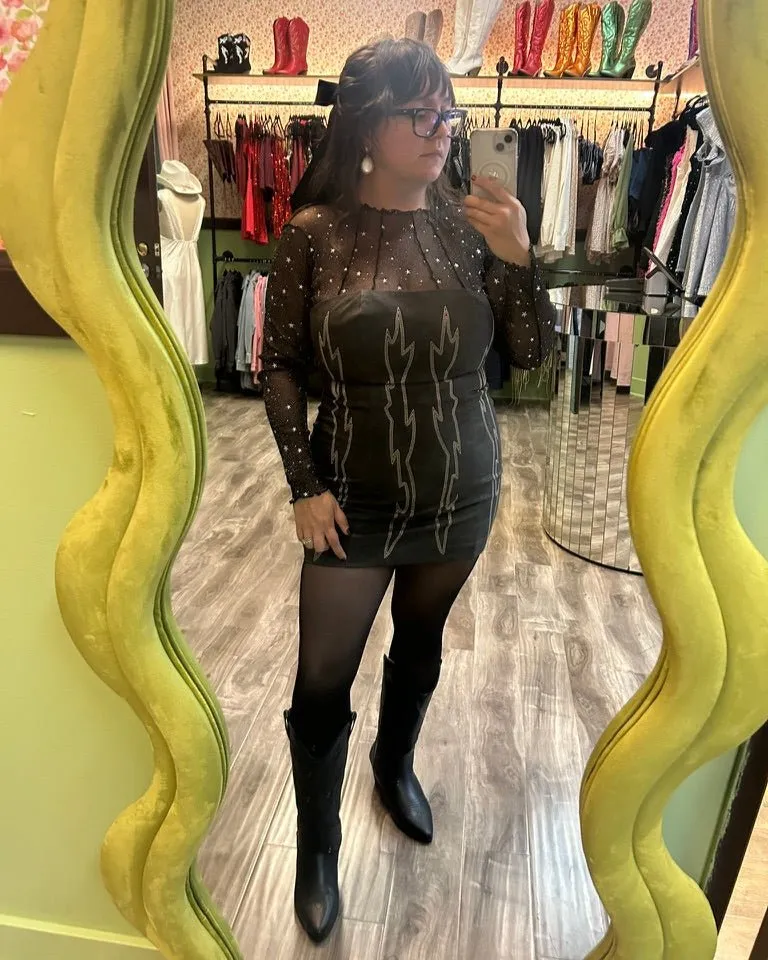 Washed Black Backless Faux Leather Western Embroidered Mini Dress