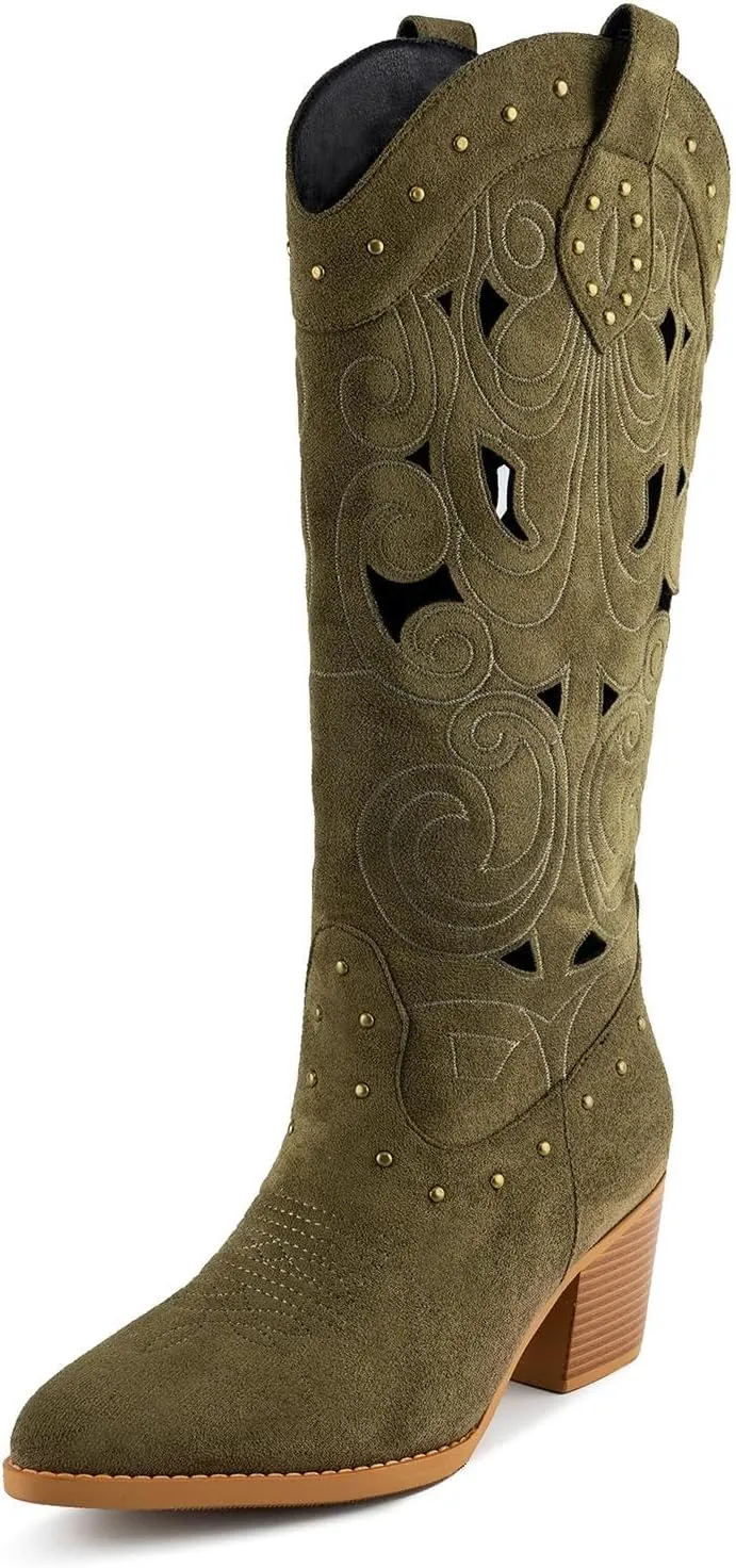 WIRALOMI Western Cowboy Boots for Women, Pointed Toe Mid Calf Cowgirl Boots with Hollow Floral and Rivet, Chunky High Heel Boots