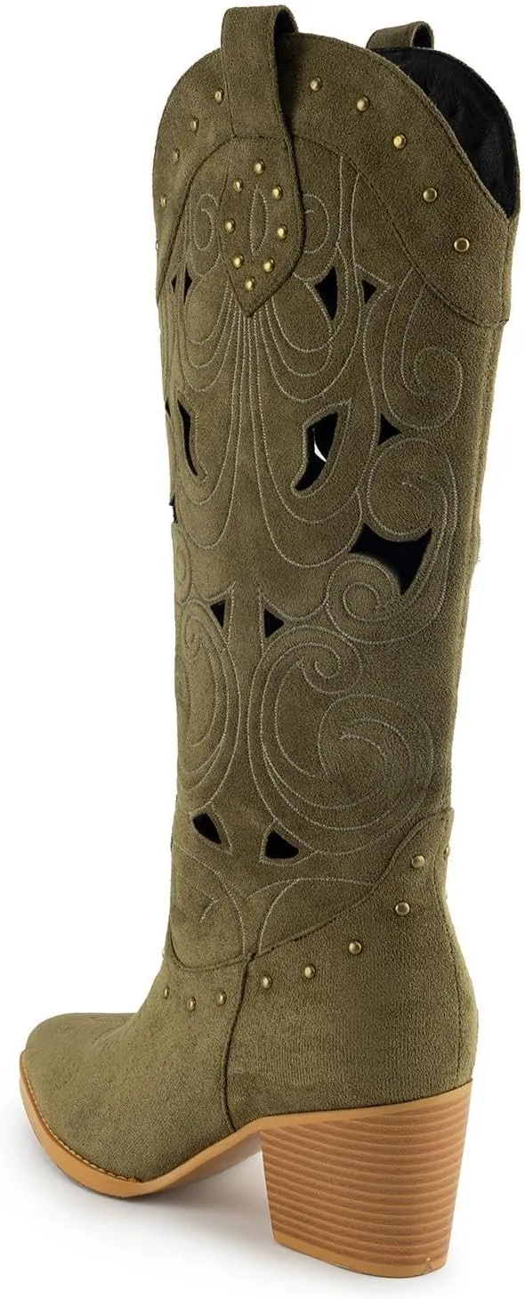 WIRALOMI Western Cowboy Boots for Women, Pointed Toe Mid Calf Cowgirl Boots with Hollow Floral and Rivet, Chunky High Heel Boots