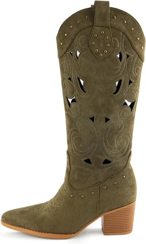 WIRALOMI Western Cowboy Boots for Women, Pointed Toe Mid Calf Cowgirl Boots with Hollow Floral and Rivet, Chunky High Heel Boots