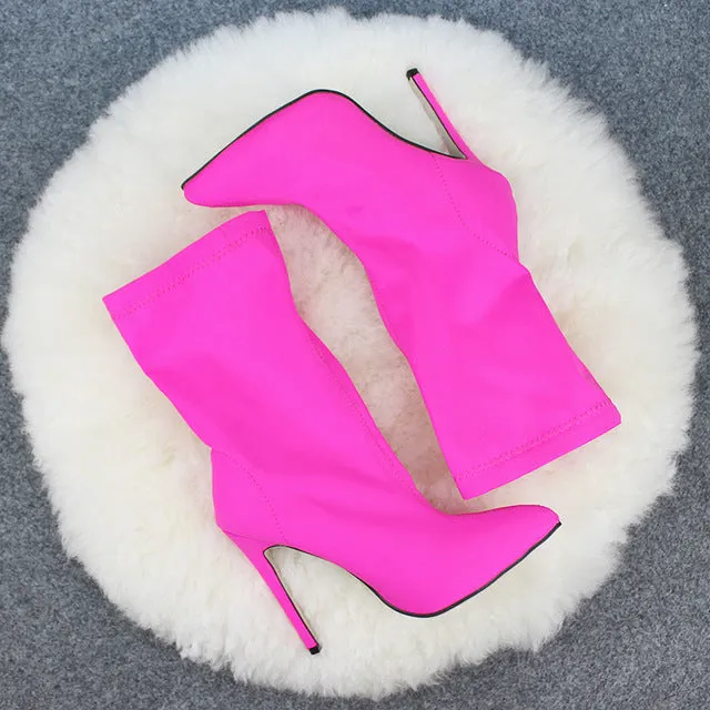 Women Solid Color Pointed Toe Stiletto High Heel Elastic Sock Booties