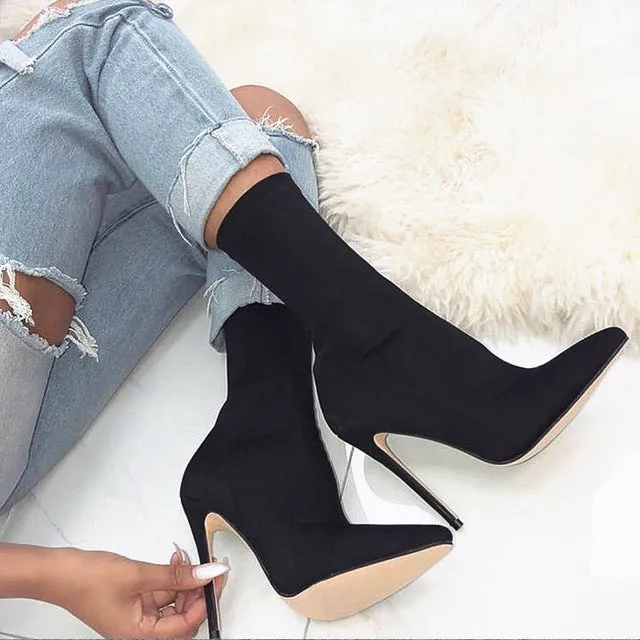 Women Solid Color Pointed Toe Stiletto High Heel Elastic Sock Booties