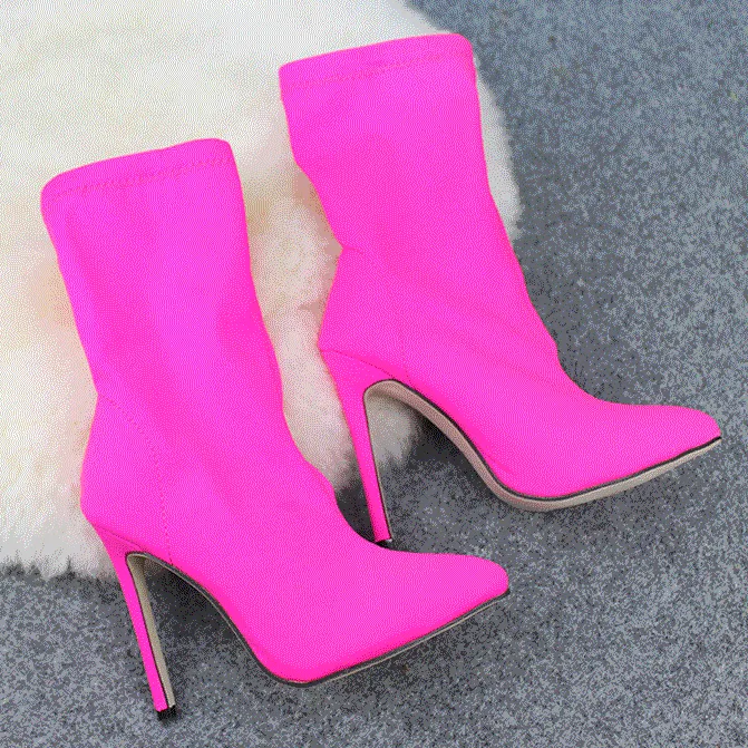 Women Solid Color Pointed Toe Stiletto High Heel Elastic Sock Booties