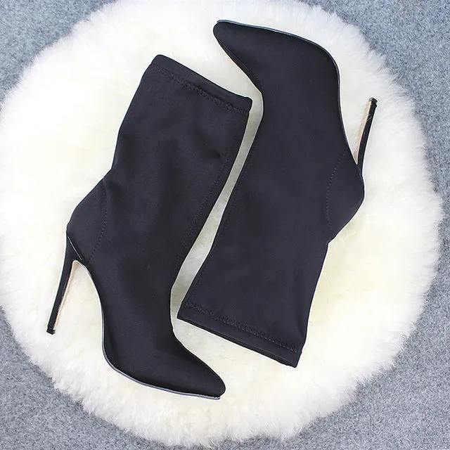 Women Solid Color Pointed Toe Stiletto High Heel Elastic Sock Booties