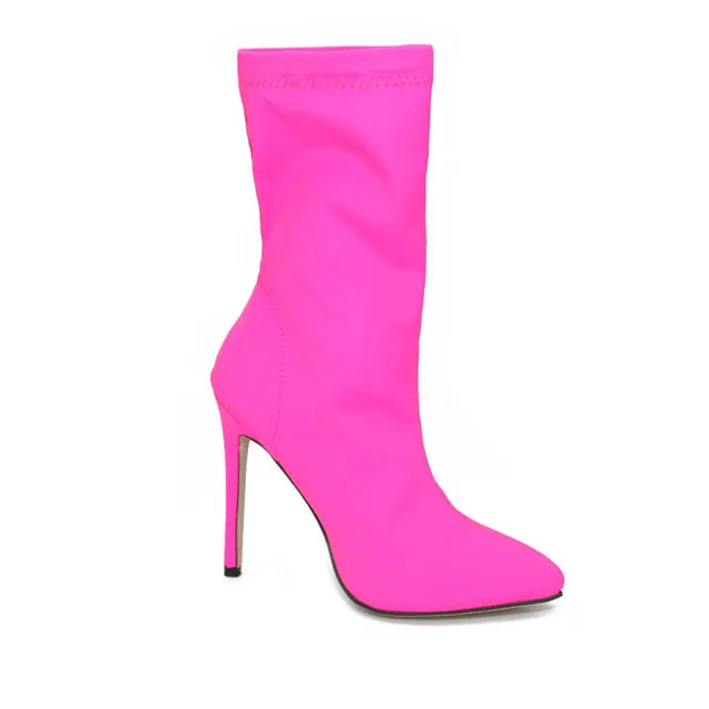 Women Solid Color Pointed Toe Stiletto High Heel Elastic Sock Booties