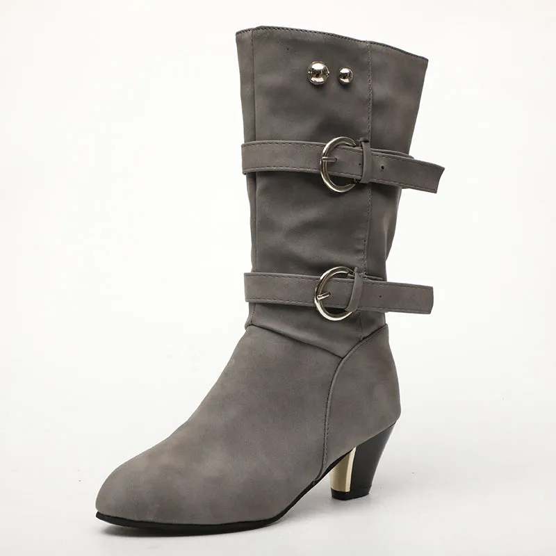 Women'd medium high mid-calf buckle strap boots fashion daily boots