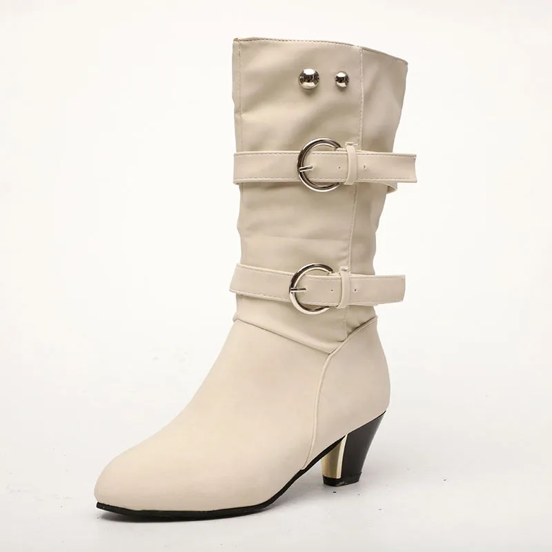 Women'd medium high mid-calf buckle strap boots fashion daily boots
