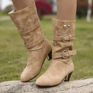 Women'd medium high mid-calf buckle strap boots fashion daily boots