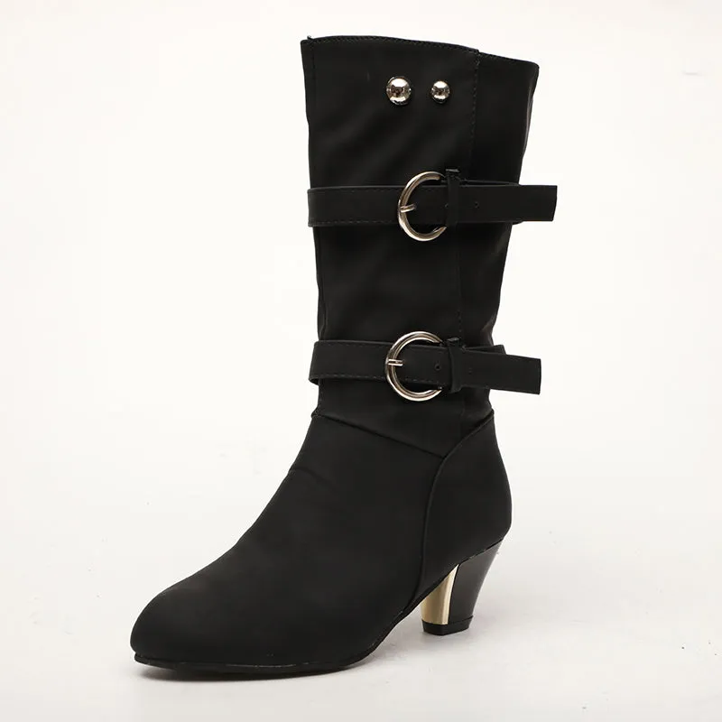 Women'd medium high mid-calf buckle strap boots fashion daily boots