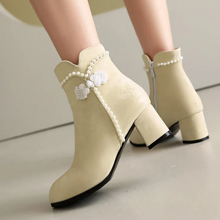 Women's Beads Round Toe Block Heel Ankle Boots