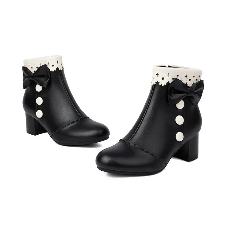 Women's Bowties Round Toe Block Heel Ankle Boots