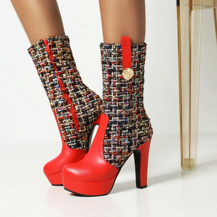 Women's Color Blocking High Heel Platform Short Boots