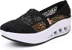 Women's Floral Embroidery Lace Mesh Air Cushion Sneakers,Comfortable Orthopedic Diabetic Walking Toning Shoes Breathable Slip On Platform Loafers