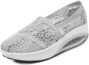 Women's Floral Embroidery Lace Mesh Air Cushion Sneakers,Comfortable Orthopedic Diabetic Walking Toning Shoes Breathable Slip On Platform Loafers