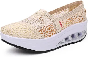 Women's Floral Embroidery Lace Mesh Air Cushion Sneakers,Comfortable Orthopedic Diabetic Walking Toning Shoes Breathable Slip On Platform Loafers