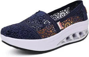 Women's Floral Embroidery Lace Mesh Air Cushion Sneakers,Comfortable Orthopedic Diabetic Walking Toning Shoes Breathable Slip On Platform Loafers