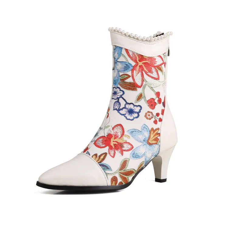 Women's Flowers Pearls Pointed Toe Spike Heel Short Boots