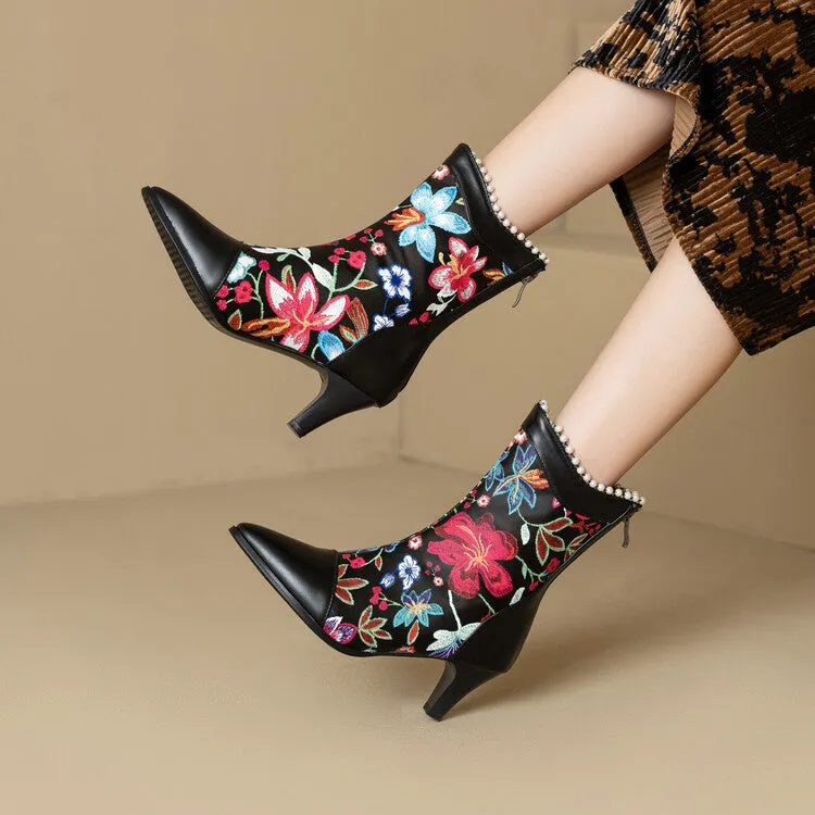 Women's Flowers Pearls Pointed Toe Spike Heel Short Boots