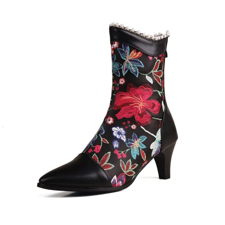 Women's Flowers Pearls Pointed Toe Spike Heel Short Boots