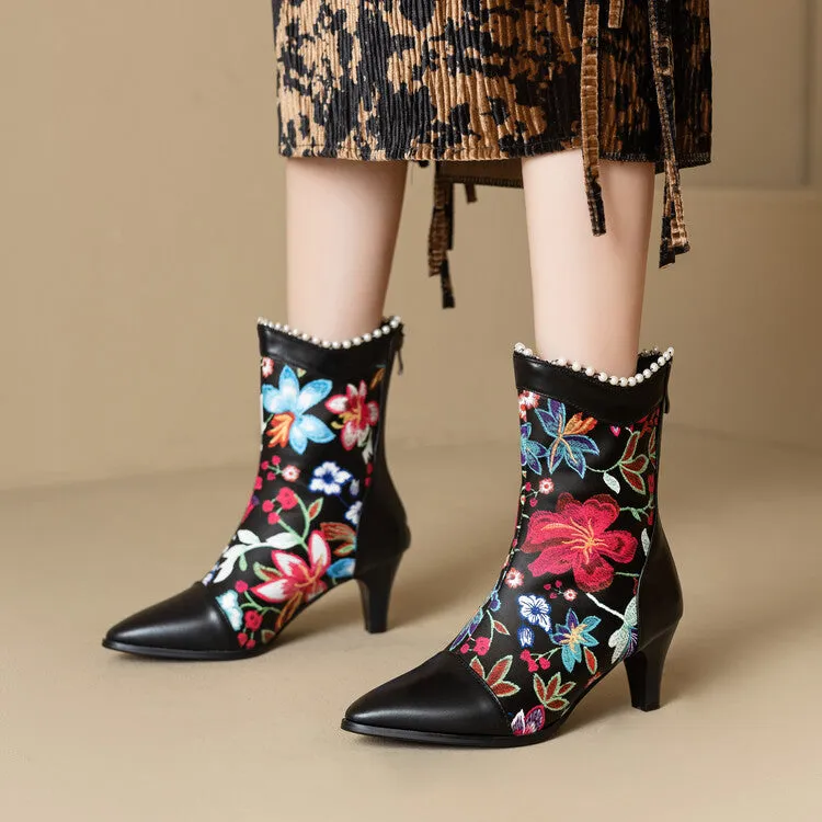 Women's Flowers Pearls Pointed Toe Spike Heel Short Boots