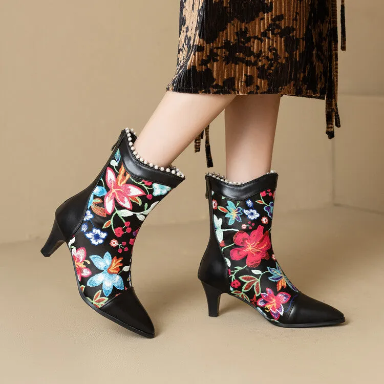 Women's Flowers Pearls Pointed Toe Spike Heel Short Boots