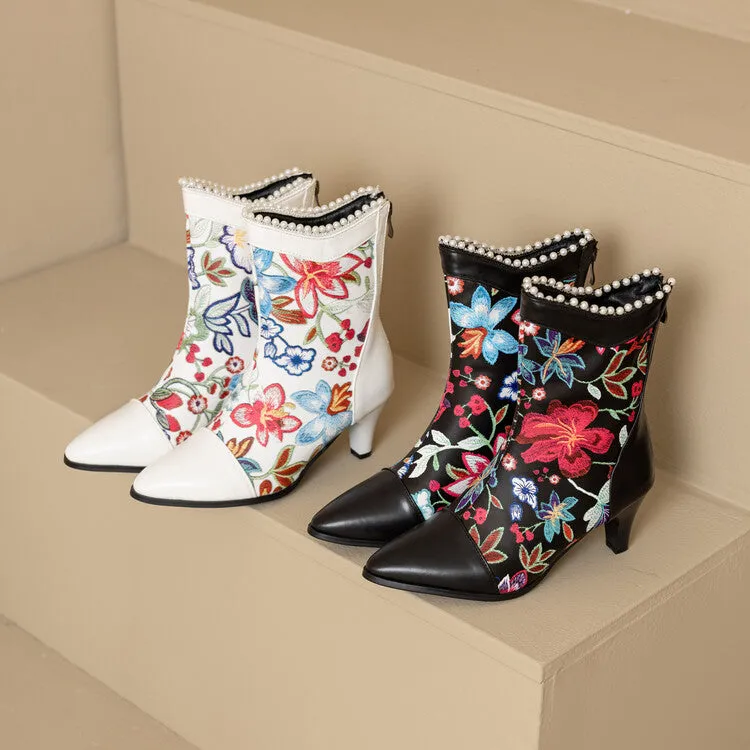 Women's Flowers Pearls Pointed Toe Spike Heel Short Boots