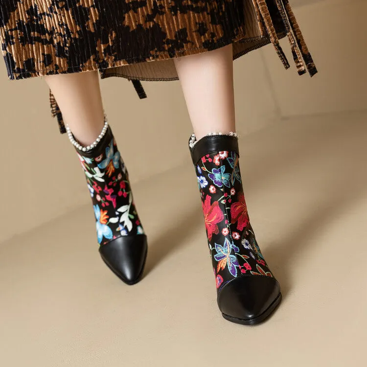 Women's Flowers Pearls Pointed Toe Spike Heel Short Boots