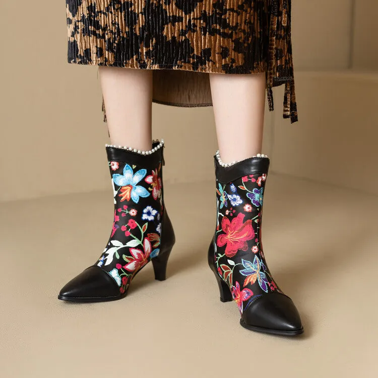 Women's Flowers Pearls Pointed Toe Spike Heel Short Boots