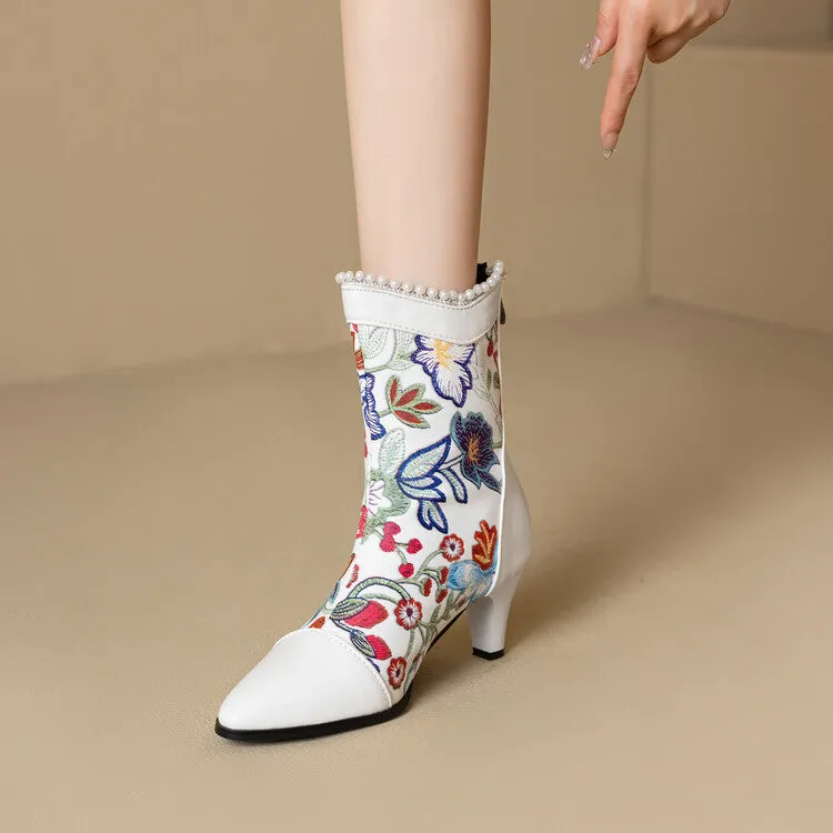 Women's Flowers Pearls Pointed Toe Spike Heel Short Boots