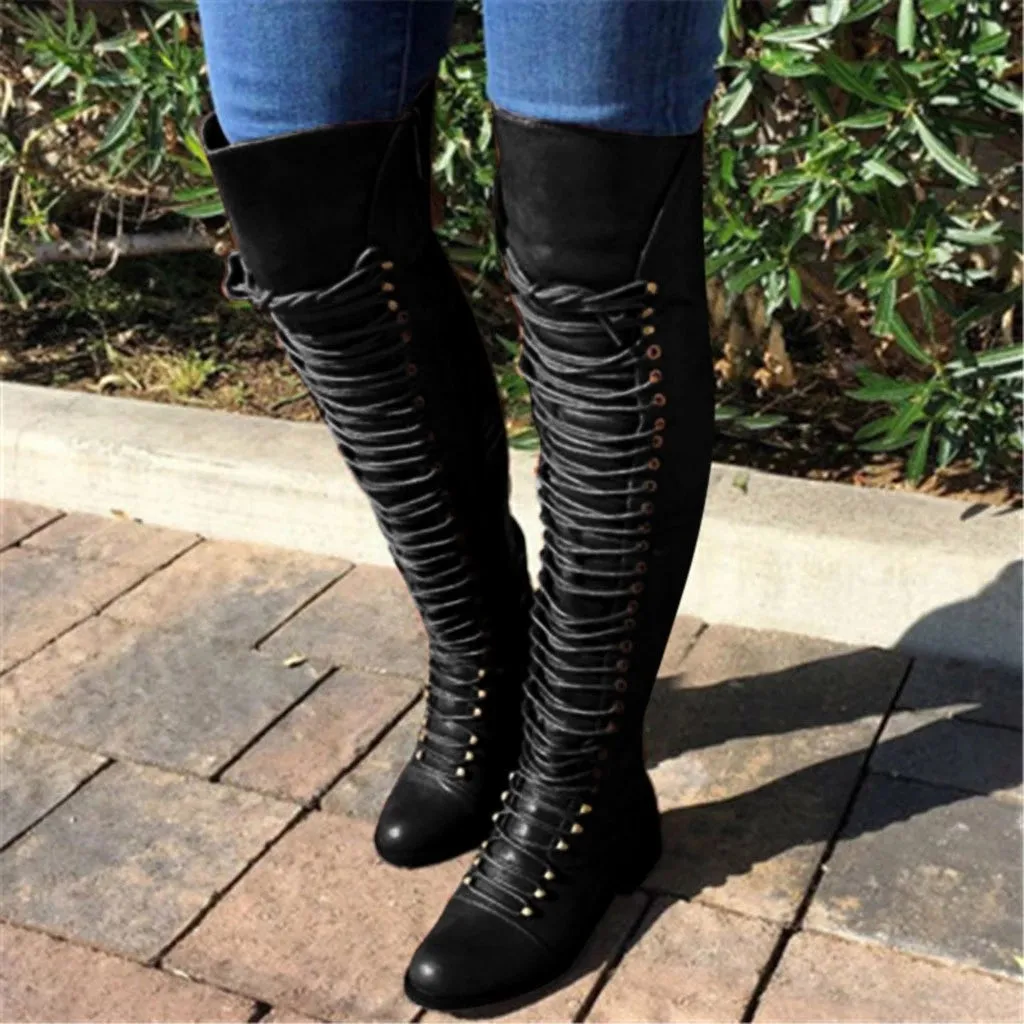 Women's lace up thigh high boots skinny over the knee boots