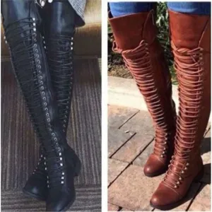Women's lace up thigh high boots skinny over the knee boots