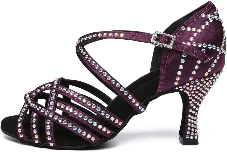 Women's Latin Dance Shoes Rhinestones Open Toe Salsa Bachata Suede Sole Ballroom Dancing Sandals,Model YC-L483