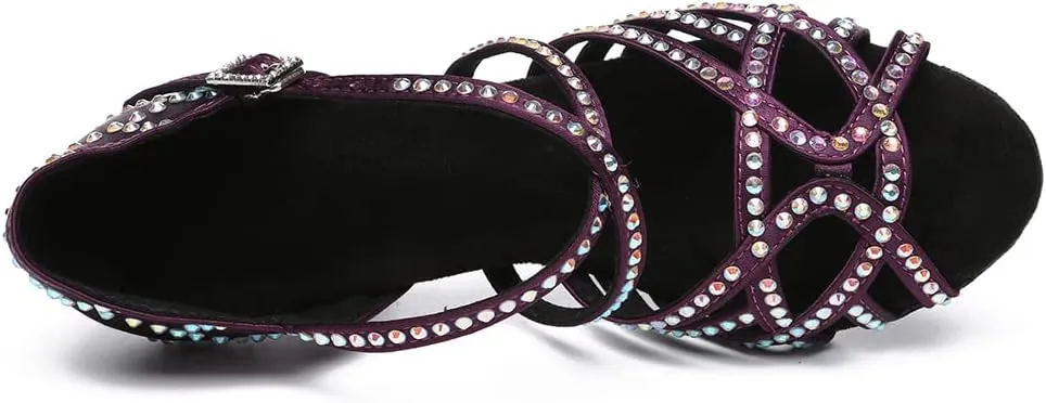 Women's Latin Dance Shoes Rhinestones Open Toe Salsa Bachata Suede Sole Ballroom Dancing Sandals,Model YC-L483