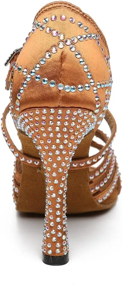Women's Latin Dance Shoes Rhinestones Open Toe Salsa Bachata Suede Sole Ballroom Dancing Sandals,Model YC-L483