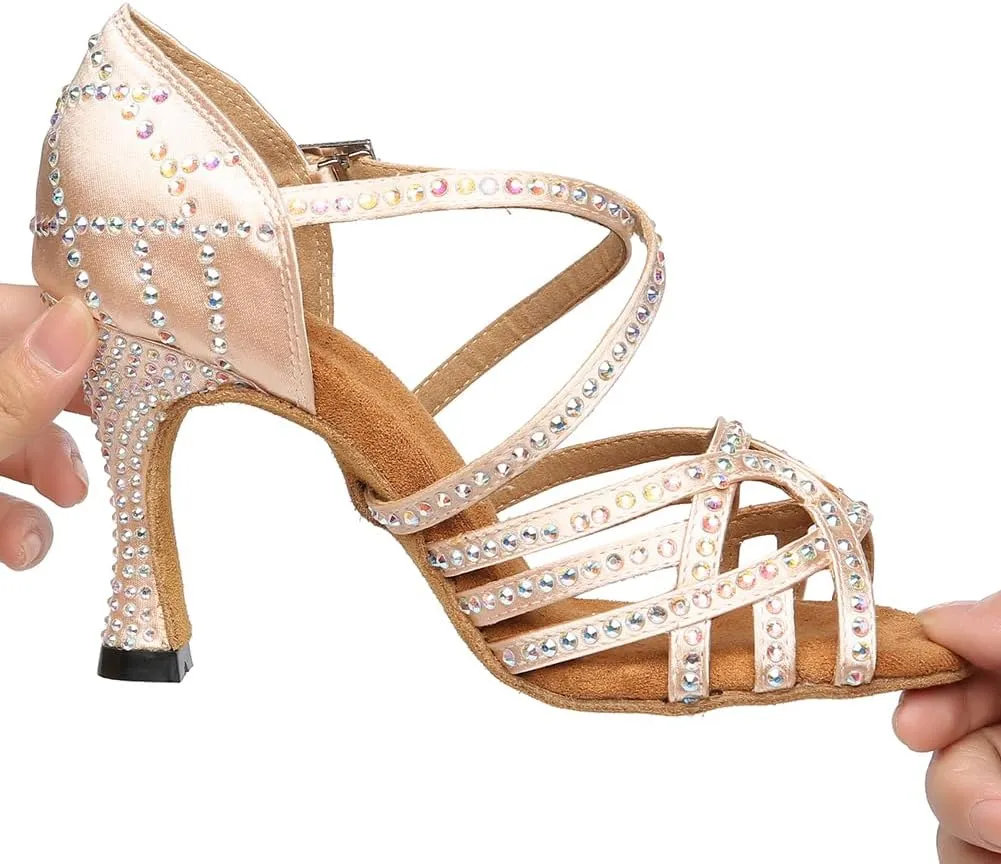 Women's Latin Dance Shoes Rhinestones Open Toe Salsa Bachata Suede Sole Ballroom Dancing Sandals,Model YC-L483