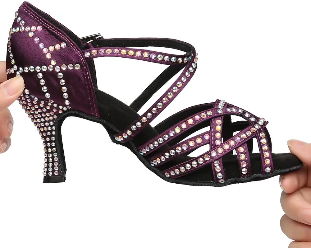 Women's Latin Dance Shoes Rhinestones Open Toe Salsa Bachata Suede Sole Ballroom Dancing Sandals,Model YC-L483
