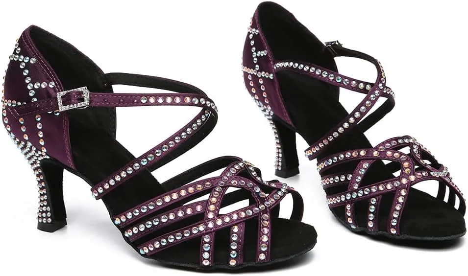 Women's Latin Dance Shoes Rhinestones Open Toe Salsa Bachata Suede Sole Ballroom Dancing Sandals,Model YC-L483