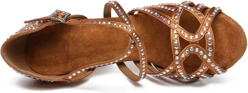 Women's Latin Dance Shoes Rhinestones Open Toe Salsa Bachata Suede Sole Ballroom Dancing Sandals,Model YC-L483