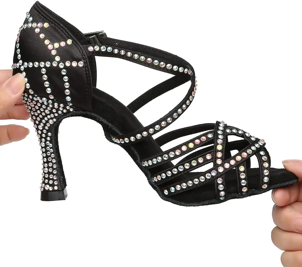 Women's Latin Dance Shoes Rhinestones Open Toe Salsa Bachata Suede Sole Ballroom Dancing Sandals,Model YC-L483
