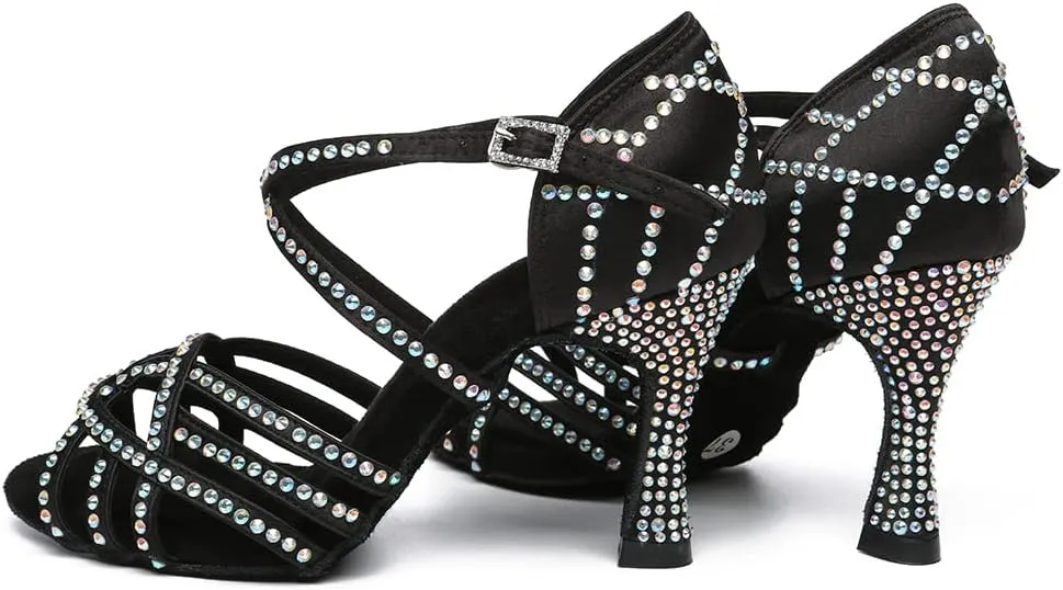Women's Latin Dance Shoes Rhinestones Open Toe Salsa Bachata Suede Sole Ballroom Dancing Sandals,Model YC-L483