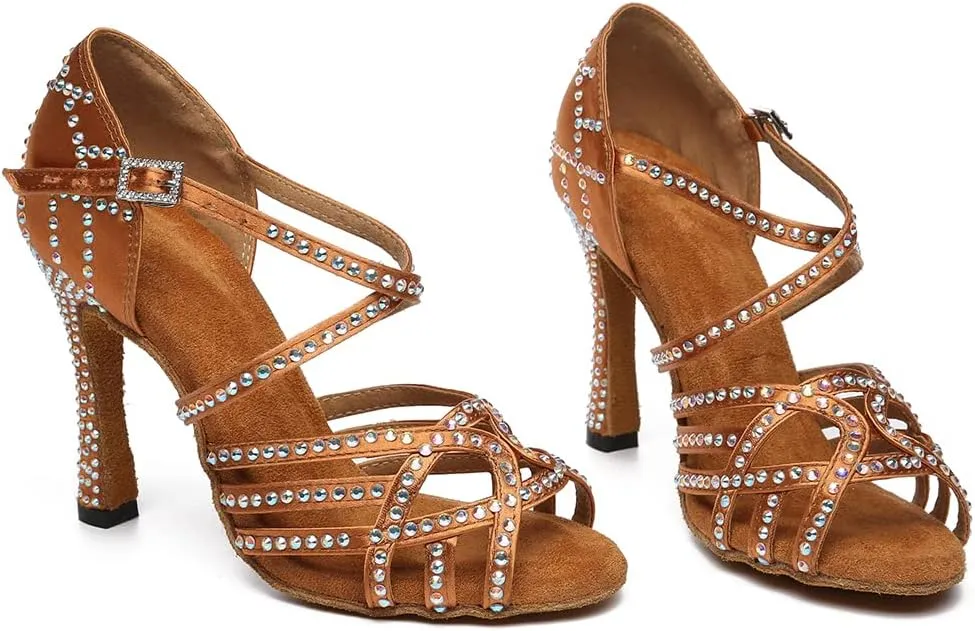 Women's Latin Dance Shoes Rhinestones Open Toe Salsa Bachata Suede Sole Ballroom Dancing Sandals,Model YC-L483