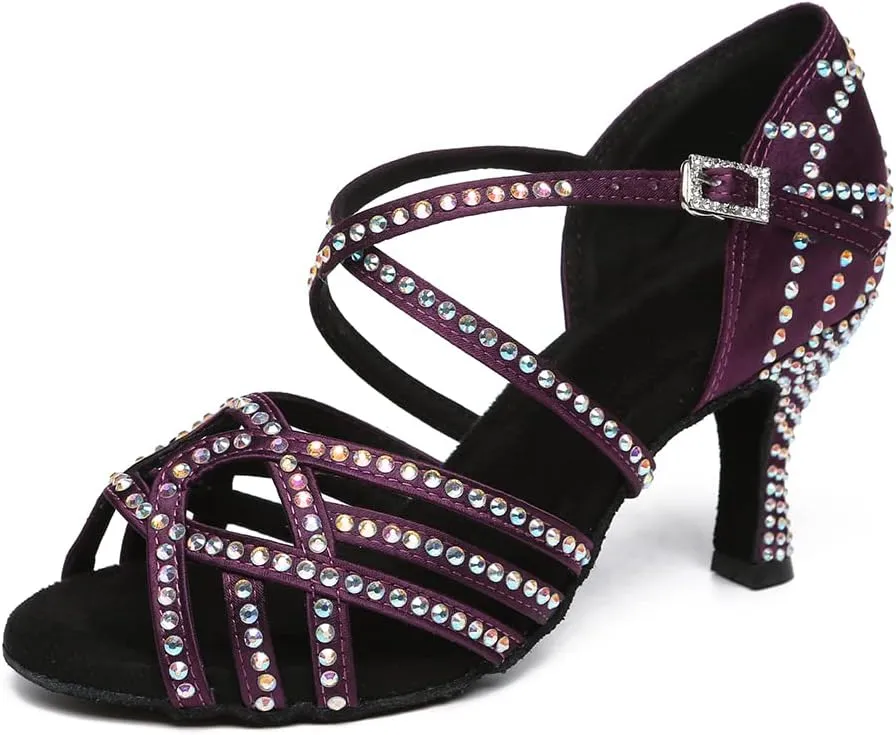 Women's Latin Dance Shoes Rhinestones Open Toe Salsa Bachata Suede Sole Ballroom Dancing Sandals,Model YC-L483