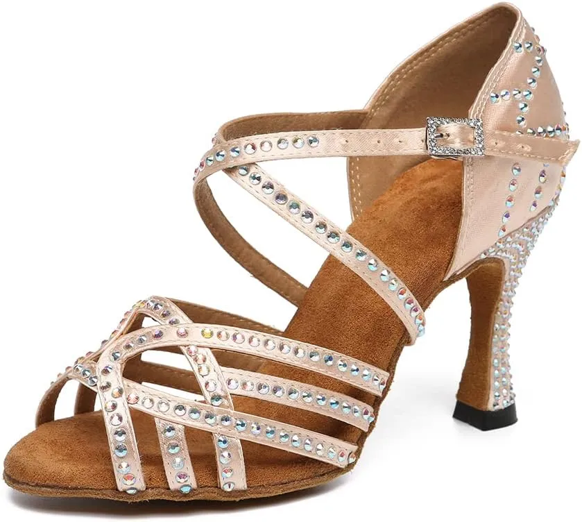 Women's Latin Dance Shoes Rhinestones Open Toe Salsa Bachata Suede Sole Ballroom Dancing Sandals,Model YC-L483