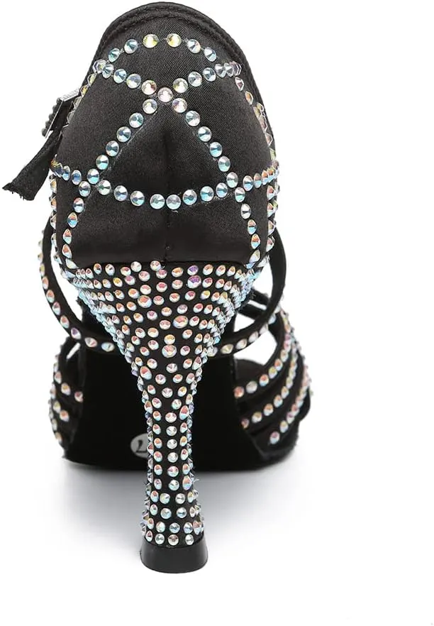 Women's Latin Dance Shoes Rhinestones Open Toe Salsa Bachata Suede Sole Ballroom Dancing Sandals,Model YC-L483