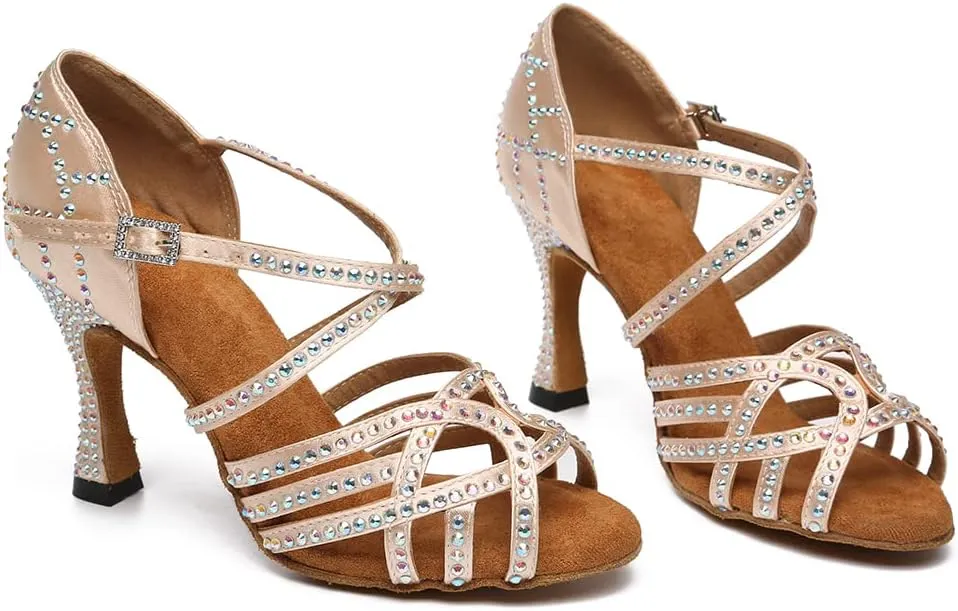 Women's Latin Dance Shoes Rhinestones Open Toe Salsa Bachata Suede Sole Ballroom Dancing Sandals,Model YC-L483