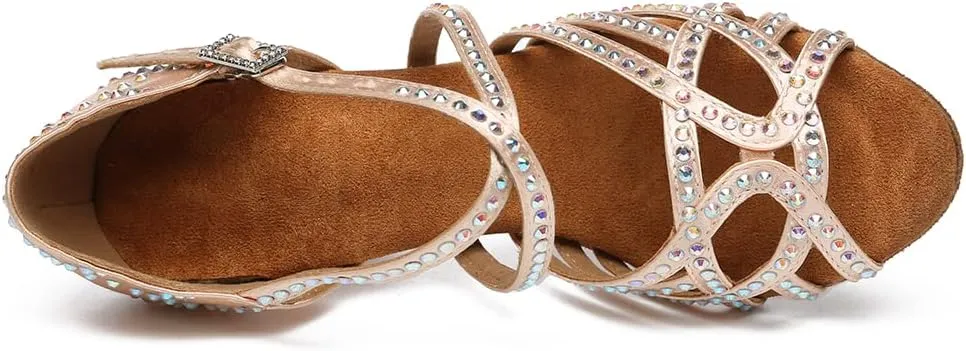 Women's Latin Dance Shoes Rhinestones Open Toe Salsa Bachata Suede Sole Ballroom Dancing Sandals,Model YC-L483